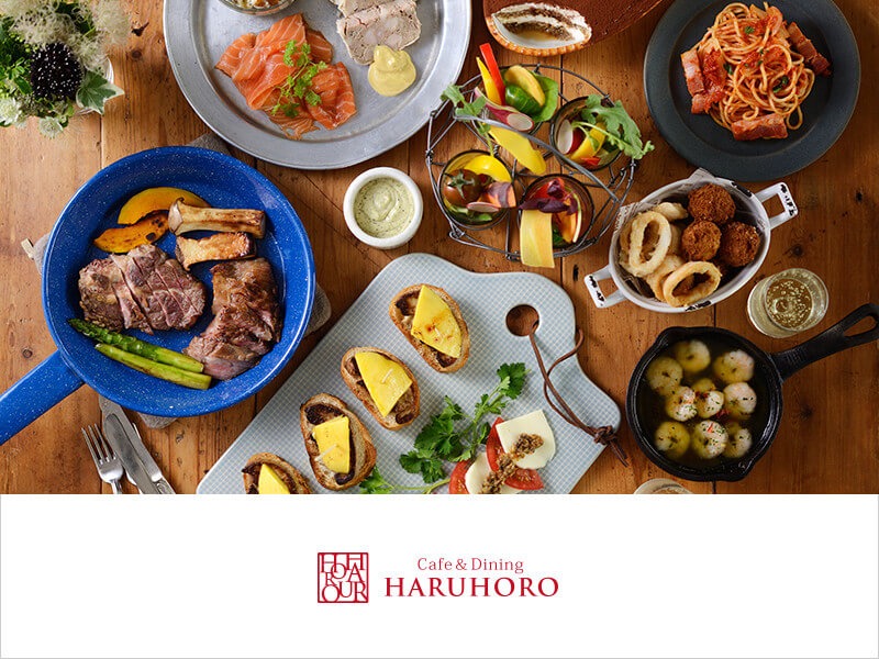Café&Dining HARUHOROとRestaurant hache by HARUHOROのロゴと、料理の写真
